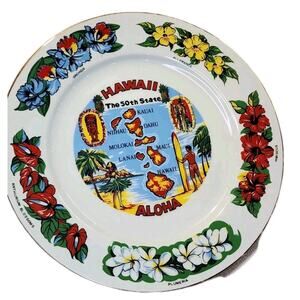 VTG Hawaii 50th State Souvenir Plate 21K Gold Trim Japan 10” Aloha Tiki Floral